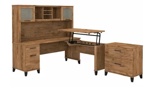 Standing Desks - Manually Adjustable Bush Furniture 6ft W 3 Position Sit to Stand L-Shaped Desk with Hutch and Lateral File Cabinet