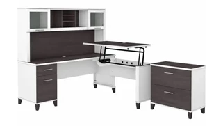 Standing Desks - Manually Adjustable Bush Furnishings 6ft W 3 Position Sit to Stand L-Shaped Desk with Hutch and Lateral File Cabinet