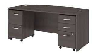 Stand-Alone Double Pedestal Desks Bush Furniture 72in W x 36in D Bow Front Desk with 2 Assembled Mobile File Cabinets