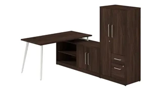 L Shaped Single Pedestal Desks Bush Furniture 60in W L-Shaped Desk with Metal Legs, Low Storage Cabinet, and Wardrobe