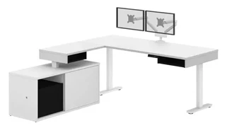 Standing Desks - Electronically Adjustable Bestar Height Adjustable L-Desk with Dual Monitor Arm