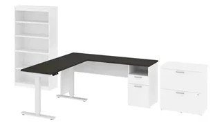 Standing Desks - Electronically Adjustable Bestar 72in W L-Shaped Standing Desk with Bookcase and Lateral File Cabinet