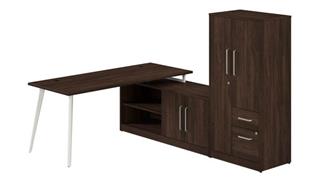L Shaped Single Pedestal Desks Bush Furniture 72in W L-Shaped Desk with Metal Legs, Low Storage Cabinet, and Wardrobe