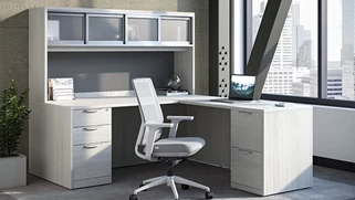 L Shaped Desks with Hutch Office Source 71in x 77in L-Shaped Double Pedestal Desk with Sliding Glass Door Hutch