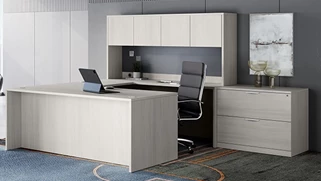 U Shaped Desks with Hutch Office Source 71in x 107in U-Shaped Desk Shell with 4 Laminate Door Hutch and Lateral File