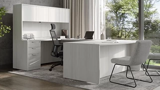 U Shaped Desks with Hutch Office Source 71in x 112in Bow Front U-Shaped Double Pedestal Desk with 4 Laminate Door Hutch