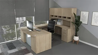 U Shaped Desks with Hutch WFB Designs 71in x 102in Double Ped U-Desk w/ Curve User Side, Glass Modesty and Hutch