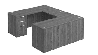U Shaped Single Pedestal Desks PBD Furniture U-Desk 71in W x 90in D with Hanging 3 Drawer Pedestal and Slim Depth