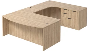 U Shaped Single Pedestal Desks PBD Furniture Bow-Front U-Desk 71in W x 107in D with Combo File Pedestal and Wire Management