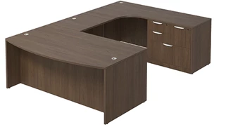 U Shaped Single Pedestal Desks PBD Furniture Bow-Front U-Desk 66in W x 102in D with Combo File Pedestal and Wire Management