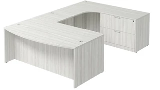 U Shaped Single Pedestal Desks PBD Furniture Bow-Front U-Desk 71in W x 107in D with Lateral File Pedestal and Wire Management