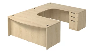 U Shaped Double Pedestal Desks PBD Furniture Bow-Front U-Desk 71in W x 120in D with Extended Credenza and 2 and 3 Drawer Pedestals