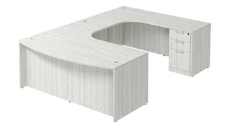 U Shaped Double Pedestal Desks PBD Furniture Bow-Front U-Desk 71in W x 126in D with Extended Credenza and Two 3 Drawer Pedestals