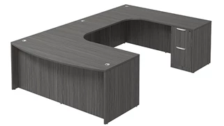 U Shaped Double Pedestal Desks PBD Furniture Bow-Front U-Desk 71in W x 126in D with Extended Credenza and Two 2 Drawer Pedestals