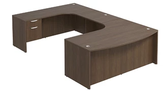 U Shaped Single Pedestal Desks PBD Furniture Bow-Front U-Desk 71in W x 126in D with Hanging Pedestal and Extended Back Credenza