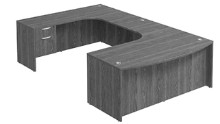 U Shaped Single Pedestal Desks PBD Furniture Bow-Front U-Desk 71in W x 132in D with Hanging Pedestal and Extended Back Credenza