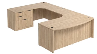 U Shaped Single Pedestal Desks PBD Furniture Bow-Front U-Desk 71in W x 126in D with Combo File Pedestal and Extended Back Credenza