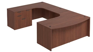 U Shaped Single Pedestal Desks PBD Furniture Bow-Front U-Desk 71in W x 132in D with Combo File Pedestal and Extended Back Credenza