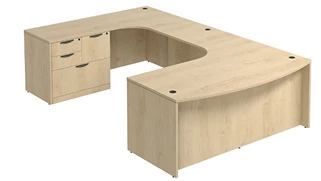 U Shaped Single Pedestal Desks PBD Furniture Bow-Front U-Desk 71in W x 132in D with Lateral File Pedestal and Extended Back Credenza