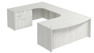 U Shaped Single Pedestal Desks PBD Furniture Bow-Front U-Desk 71in W x 114in D with Combo File Pedestal and Extended Back Credenza