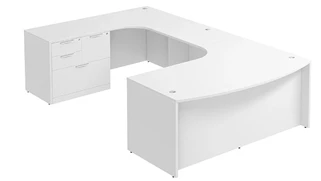 U Shaped Single Pedestal Desks PBD Furniture Bow-Front U-Desk 71in W x 120in D with Combo File Pedestal and Extended Back Credenza