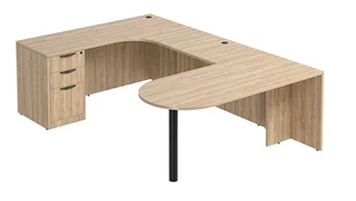 U Shaped Single Pedestal Desks PBD Furniture U-Desk 66in W x 108in D with Extended Back Credenza and 3 Drawer Pedestal