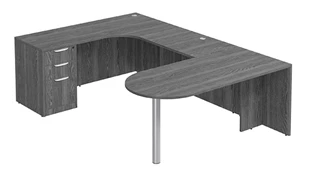 U Shaped Single Pedestal Desks PBD Furniture U-Desk 66in W x 96in D with Extended Back Credenza and 3 Drawer Pedestal