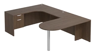 U Shaped Single Pedestal Desks PBD Furniture U-Desk 66in W x 96in D with Extended Back Credenza and Hanging Pedestal