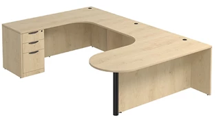 U Shaped Single Pedestal Desks PBD Furniture U-Desk 71in W x 126in D with Extended Corner Credenza and 3 Drawer Pedestal