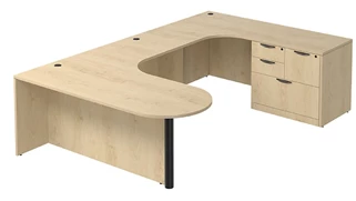 U Shaped Single Pedestal Desks PBD Furniture U-Desk 71in W x 108in D with Extended Corner Credenza and Combo File Pedestal