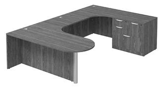 U Shaped Single Pedestal Desks PBD Furniture U-Desk 71in W x 120in D with Extended Corner Credenza and Combo File Pedestal