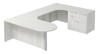 U Shaped Single Pedestal Desks PBD Furniture U-Desk 71in W x 126in D with Extended Corner Credenza and Combo File Pedestal