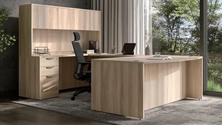 U Shaped Desks with Hutch PBD Furniture 72in x 107in Bow Front Double Pedestal U-Shaped Desk with 4Dr Wood Hutch