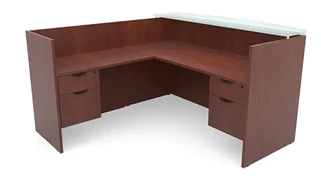 Reception Desks - L Shaped PBD Furniture 72in x 72in L-Shaped Reception Desk Double Hanging Pedestal with Glass Transaction Counter