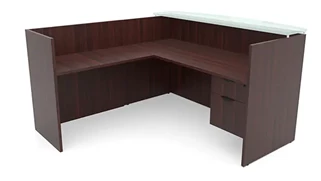 Reception Desks - L Shaped PBD Furniture 72in x 72in L-Shaped Reception Desk Single Hanging Pedestal with Glass Transaction Counter