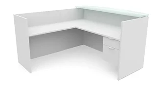 Reception Desks - L Shaped PBD Furniture 72in x 72in L-Shaped Reception Desk Single Hanging Pedestal with Glass Transaction Counter
