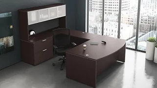 U Shaped Desks with Hutch PBD Furniture Bow Front U-Desk with Lateral and Glass Door Hutch