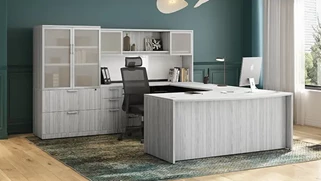 U Shaped Desks with Hutch PBD Furniture Extended Bow Front Double Pedestal U-Shaped Desk with 2Dr Glass Hutch and Storage Lateral Combo