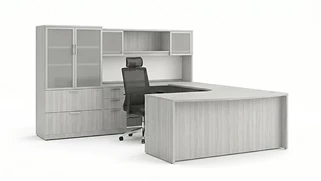 U Shaped Desks with Hutch PBD Furniture Extended Bow Front Double Pedestal U-Shaped Desk with 2Dr Glass Hutch and Storage Lateral Combo
