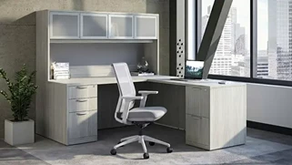 L Shaped Desks with Hutch PBD Furniture 71in x 77in L-Shaped Double Pedestal Desk with Sliding Glass Door Hutch