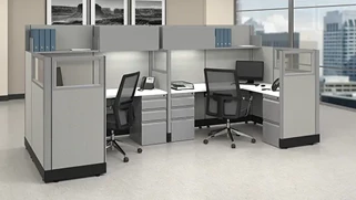 Cubicles WFB Designs 53in H 2-Person Cubicle with Glass and Fabric Panels and Overheads - Powered