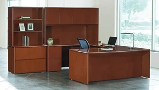 U Shaped Desks with Hutch WFB Designs Double Pedestal Bow Front U-Desk with Hutch and Lateral/Display Combo