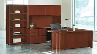 Wood Veneer Desks WFB Designs Bullet Front U-Desk with Hutch, combo file and bookcase