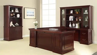 Wood Veneer Desks WFB Designs 72in x 108in Double Pedestal Wood Veneer U-Desk with Storage Hutch Suite