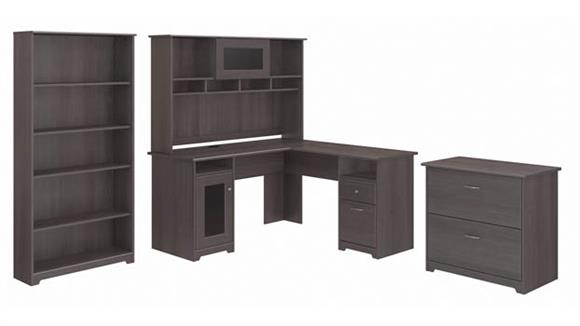 60in W L-Shaped Desk with Hutch, Lateral File Cabinet and 5 Shelf Bookcase
