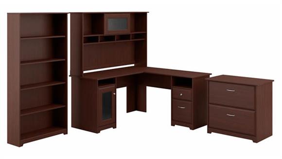 60in W L-Shaped Desk with Hutch, Lateral File Cabinet and 5 Shelf Bookcase