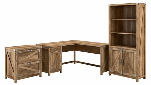 60in W L-Shaped Desk with Lateral File Cabinet and 5 Shelf Bookcase