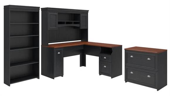 60in W L-Shaped Desk with Hutch, Lateral File Cabinet and 5 Shelf Bookcase