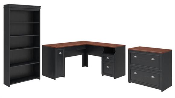60in W L-Shaped Desk with Lateral File Cabinet and 5 Shelf Bookcase