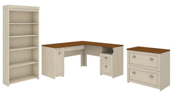 60in W L-Shaped Desk with Lateral File Cabinet and 5 Shelf Bookcase